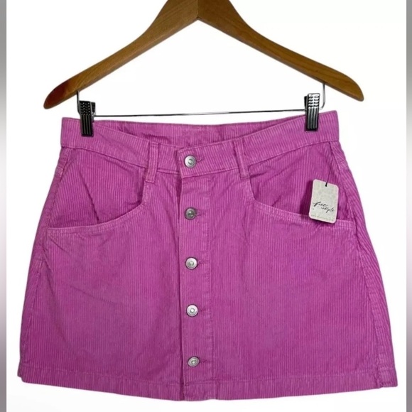FREE PEOPLE Ray Cord Mini Skirt Sz 8 Barbie Pink Button Up Cotton Corduroy Chic - Picture 4 of 4